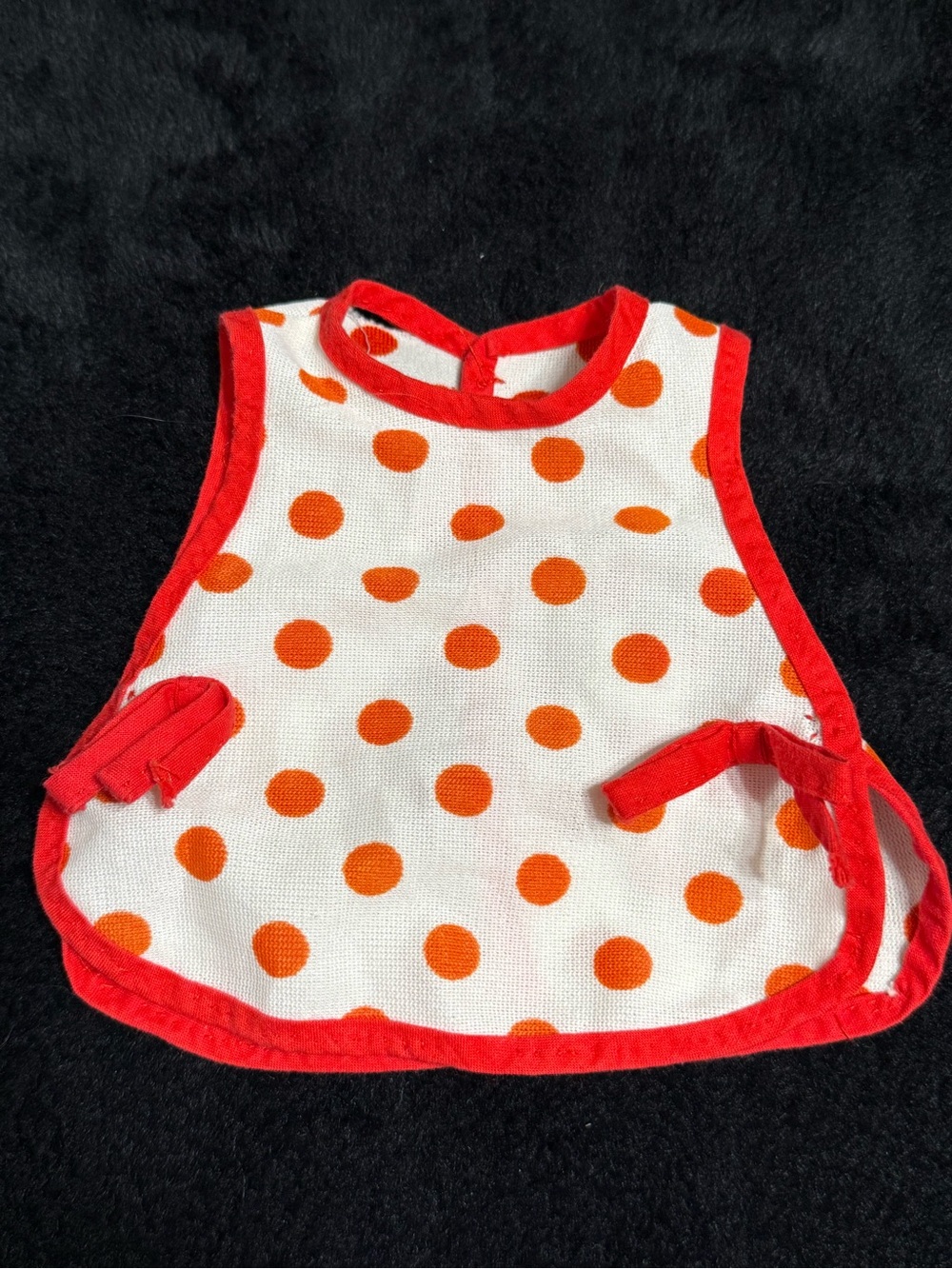 💖4/$25- Vintage Doll Apron Dress Orange Polka Dot Doll Clothing Trim Snap Back